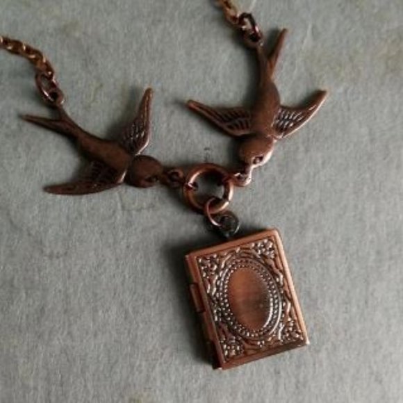 Two Birds Locket Necklace. Book Locket. Copper Locket Necklace. Miniature Book - Picture 3 of 5